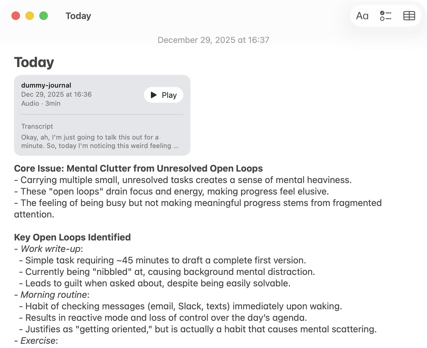 Final Apple Note showing the pasted summary and the recording