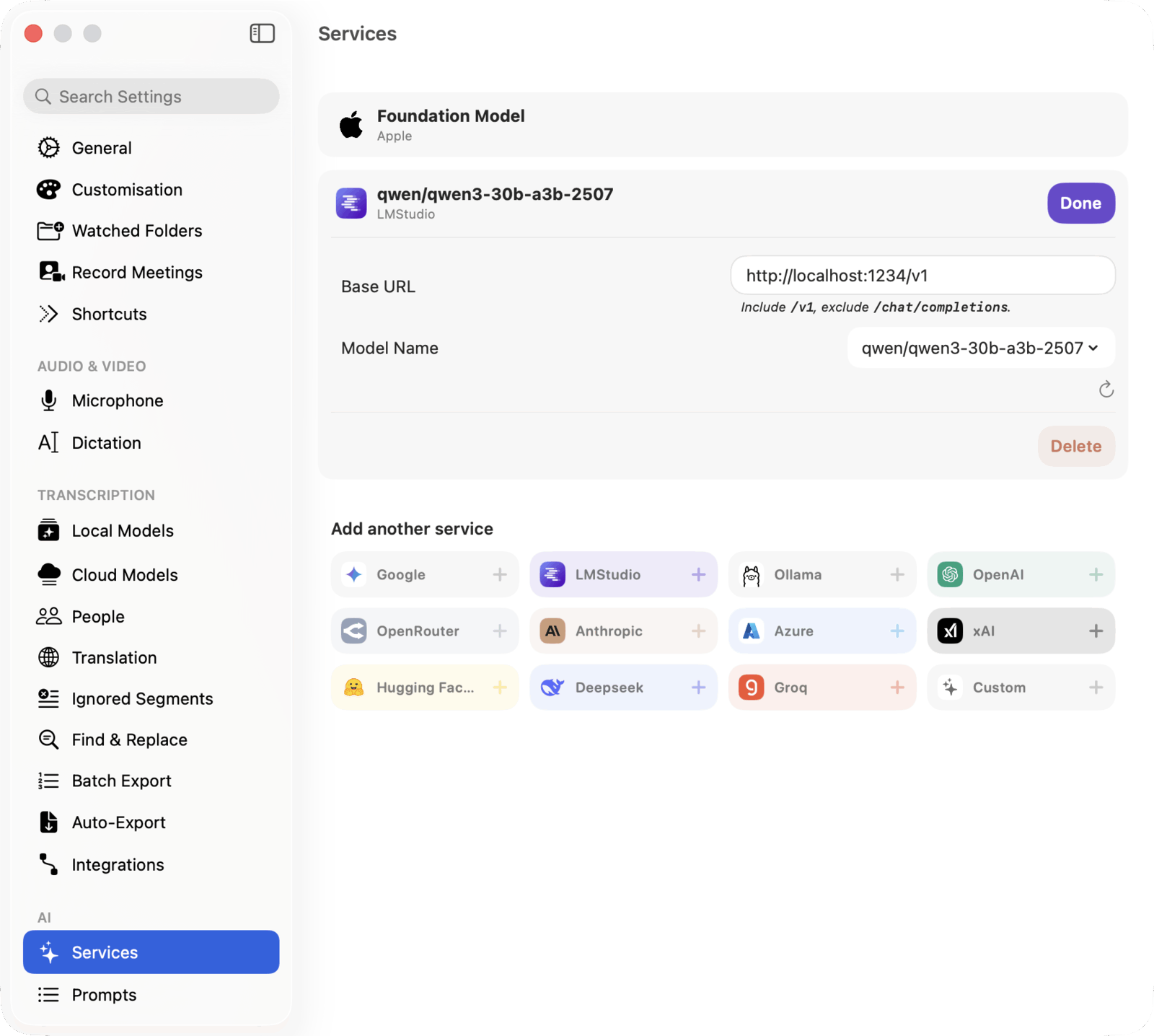 MacWhisper settings configured to use an LM Studio local service and model