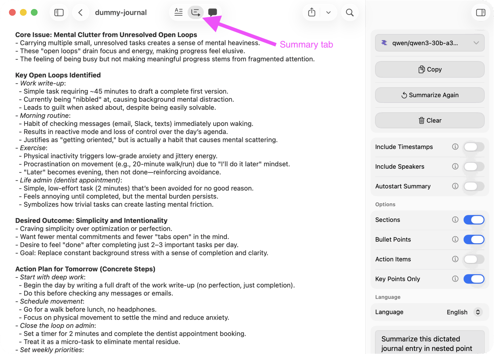 MacWhisper summary output and summary settings