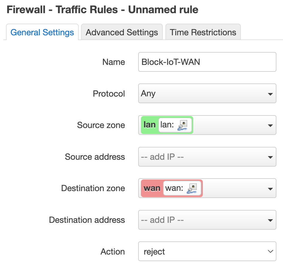 OpenWRT screenshot showing firewall rule dialog
